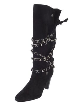 Isabel Marant Soono black suede snap closure high heel boots silver chain accent